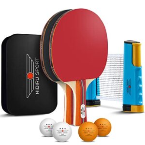 Nibiru Sport Ping Pong Set - Professional 2 Table Tennis Paddles, 4 Balls, Retractable Net with Posts and Storage Case - Pingpong Paddle and Game Table Accessories