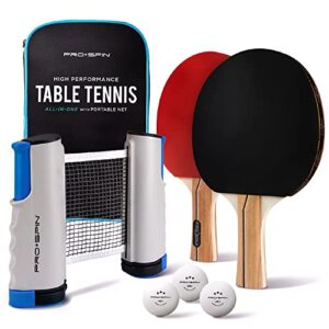 PRO-SPIN All-in-One Portable Ping Pong Set – 2-Player Kit with Ping Pong Net for Any Table, Premium Ping Pong Paddles, 3-Star Balls, Convenient Storage Case | Table Tennis Set with Retractable Net