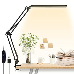 LED Desk Lamp, MontaChri Eye-Caring Metal Swing Arm Desk Lamp with Clamp, 3 Modes, 30 Brightness Dimmable Clamp Desk Light with Memory Function&USB Adapter, Architect Table Desk Lamps for Home Office