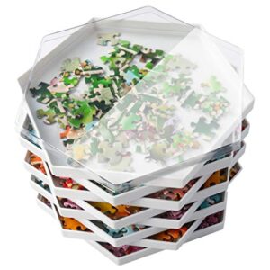 Becko Stackable Puzzle Sorting Trays Jigsaw Puzzle Sorters with Lid Puzzle Accessory for Puzzles Up to 1500 Pieces, 8 Hexagonal Trays (White)